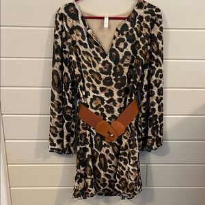 Elegant Animal Print Long Sleeve Dress with Belt